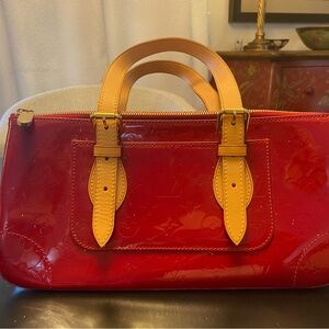 Louis Vuitton Red Patent Leather Satchel with Tan Handles